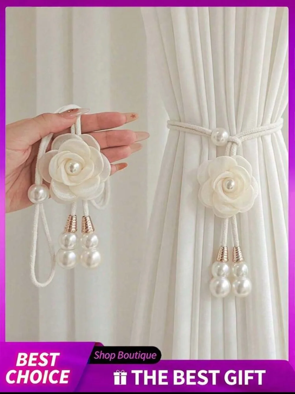 Set of 2 Rose Curtain Tiebacks Pearl Floral  Curtain Holdbacks
